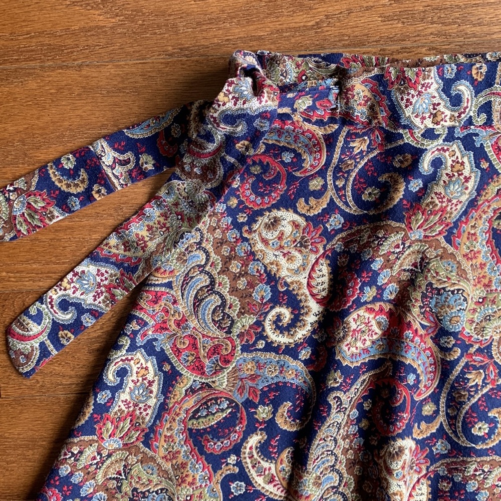 Vintage Wrap Skirt Paisley Print Tan 70s 80s Navy Tan Size Medium - Picture 5 of 9